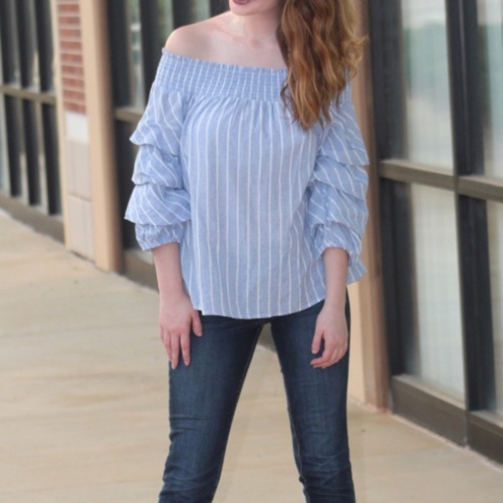 She and Sky Bow Front Detail Puff Sleeve Stripe Off the Shoulder Shirt - Picture 5 of 11